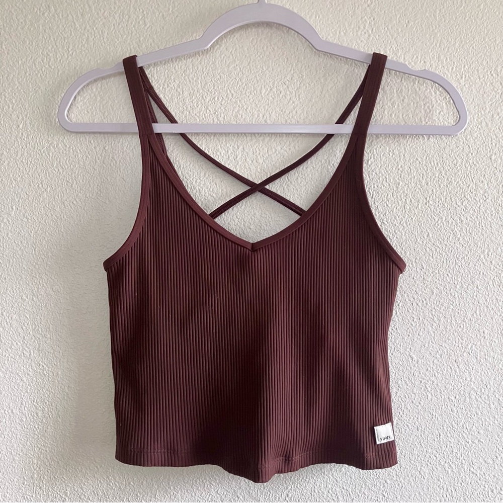 Vuori Rib Crop Tank Brown chocolate cross back criss cross camisole size small S